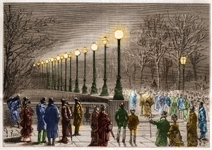 Elektrisk belysning: gulvlamper fra Victoria quay i London, Storbritannia. Gravering i "" La Nature"" av Unknown artist