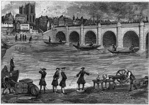 Electricite experiment performed by William Watson (1715-1787), English physicist, on the banks of the Thames in the 18th century. Engraving in “” La Nature: revue des sciences et de leurs applications aux arts et a l