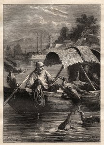 Ambassade til Lord George McCartney (1737-1806) i Kina (1792-1793): Fuglen Leut-ze, står for fiske (skarvfiske) - illustrasjon fra "The Great Mariners of the 18th century" av Unknown artist