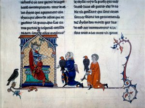 Keiser Frederic II (1194-1250) mottar miniatyrfalkonerere fra "Kunsten å jakte med fugler" av Unknown artist