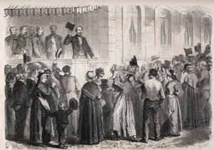Keiser Napoleon III (1808-1873) på terrassen til villaen til Strauss a Vichy, møtt av folket på landsbygda søndag 7. juli 1861 - Gravering i "" The Illustrous World"" av Unknown artist