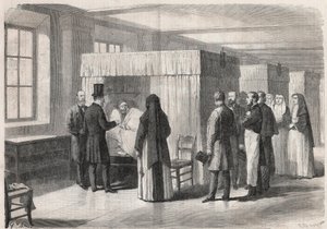 Keiser Napoleon III (1808-1873) besøker rommene på Hotel Dieu (Hotel-Dieu) for kolerapasienter og snakker med dem - gravering i "" The Illustrous World"" av Unknown artist