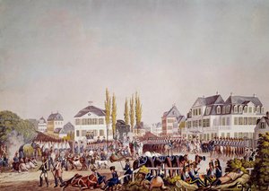 Keiser Napoleon I (1769-1821) anmelder troppene i Frankfurt. Gravering fra 1813. Frankfurt, Historisk museum av Unknown artist