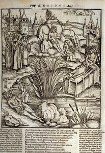 Eneide de Virgil (70 f.Kr.-19 f.Kr.), bok XII, den trojanske helten Enee blir mirakuløst behandlet av Venus, han bestemte seg da for å storme byen Latinus. Kongen av Lazio dør (til høyre) og det er Enee som skal bli kongen som marger datteren til avdøde La av Unknown artist