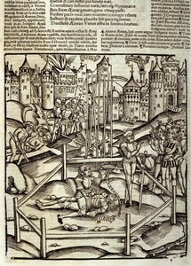 Eneide de Virgil (70 f.Kr.-19 f.Kr.), bok XII, de trojanske heltene Enee dreper i et Turnus-slag under øynene til latinerne og rutulene. Xylografi av Sebastian Brant (1458-1521). Strasbourg av Unknown artist
