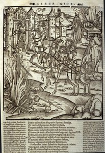 Eneide de Virgil (70 f.Kr.-19 f.Kr.), bok XIII (supplementum), de trojanske heltene Enee mottar latinerne, ofre blir gjort til ære for krigens ofre. Xylografi av Sebastian Brant (1458-1521). Strasbourg av Unknown artist