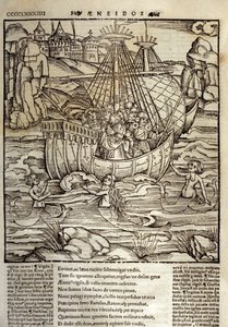 Eneide de Virgil (70 f.Kr.-19 f.Kr.), de trojanske heltene Enee og hans følgesvenner krysser et hav fullt av sirene. Xylografi av Sebastian Brant (1458-1521). Strasbourg av Unknown artist