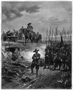 Engelske borgerkriger: Oliver Cromwell (1599-1658) i slaget ved Marston Moor, 2. juli 1644 - Parlamentarikere beseiret royalister under prins Rupert. Gravering fra 1800-tallet - Oliver Cromwell i slaget ved Marston Moor 2. juli 1644 under First Engl av Unknown artist