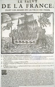Gravert tre. Mazarinade politisk brosjyre: "" Frelsen til Frankrike, i armene til byen Paris"" A - Frankrikes gode geni, som fortærer hans majestet (Louis XIII) i sin kongelige flåte, B - Prince de Conty, C - Duc de Bouillon et de la Mo av Unknown artist