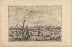 Gravering med tittelen «Kanton 1655», som er en kunstners fremstilling av Canton fra en båt i 1655 av Unknown artist