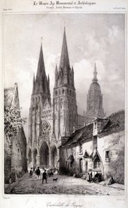 Gravering av Bayeux-katedralen publisert i "Den monumentale og arkeologiske middelalderen"". 1800-tallet av Unknown artist