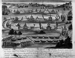 Inntreden av de franske ambassadørene i Siam-elven - i "" Voyages du kingdom de Siam, historique de 1688"". av Unknown artist