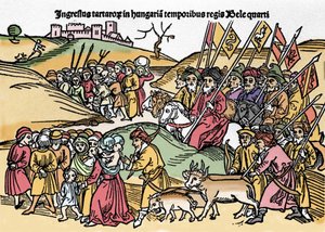 Tartarenes inntreden i Ungarn under styret av Bela IV (1235-1270) av Ungarn. Gravering fra "Chronica Hungariae"". Biblioteca Marciana, Venezia. av Unknown artist