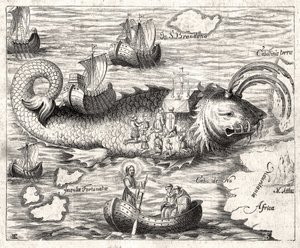 Episode av Legenden om Saint Brandan (Brendan): en fantastisk reise for den irske abbeden på 600-tallet på jakt etter et jordisk paradis. Trykk fra 1621. av Unknown artist