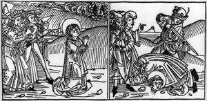 Episode av Saint Donats liv (død rundt 355) Gravering fra “Leben der Heiligen - sommerteil” (Helgenboken) av Jacobus (James) av Voragine (1228-1298). Lübeck 1488. av Unknown artist