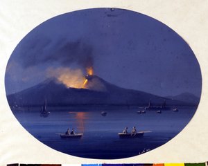 Natteutbrudd av Etna sett fra havet utenfor Catania. Anonymt maleri fra 1800-tallet. av Unknown artist