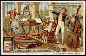 Evolusjon av musikkinstrumenter: kammermusikkinstrumenter på 1700-tallet - chromo Liébig. av Unknown artist