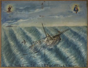 Ex-voto (ex voto) sjømann, populært tilbud som et løfte om hengivenhet og takknemlighet for sjømannen som overlever til farene ved havet som kommer fra kirken Carmine, Torre del Greco, nær Napoli, 29/03/1894 Italia av Unknown artist