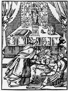 Eksorcisme: en demon forlater kroppen til en heksebesatt mens en prest tilbyr ham nattverd - Gravering av "" vidunderlige historier" av Pierre Boaistuau av Unknown artist
