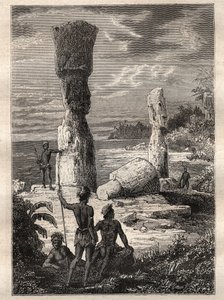 Ekspedisjon rundt om i verden (1785-1788) av Jean Francois Galaup de La Perouse (1741-1788): urbefolkningen på Påskeøya ser på monumentale statuer (Moai) - illustrasjon hentet fra "The Great Mariners of the 18th century"" av Unknown artist