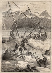 Ekspedisjon rundt om i verden (1785-1788) av Jean Francois Galaup de La Perouse (1741-1788): forlis av båtene ved havnen i den franske (Alaska) - illustrasjon hentet fra "The Great Mariners of the 18th century" av Unknown artist