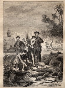 Ekspedisjon av Jean Francois de Survillle (1717-1770) i sørhavet (1769-1770): sjømennene i Surville samler våpnene til urbefolkningen som døde under slaget (Ny-Irland, Papua Ny-Guinee) - illustrasjon hentet fra " De store sjøfolkene av Unknown artist