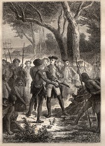 Ekspedisjon av Nicolas Thomas Marion-Dufresne (Marion Dufresne) (1729-1772): Marion gikk av barken i Frederick Henry Bay (Tasmania) og ble tilbudt en brandon antent av urbefolkningen - illustrasjon hentet fra "The Great Mariners of the 18th century" av Unknown artist