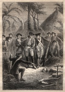 Ekspedisjon av Nicolas Thomas Marion-Dufresne (Marion Dufresne) (1729-1772): på jakt etter Marion og deres savnede kamerater, oppdager sjømenn en hodeskalle og menneskelige levninger i landsbyen Tacouri (Matuaro Island, New Zealand) - illustrasjon hentet f av Unknown artist