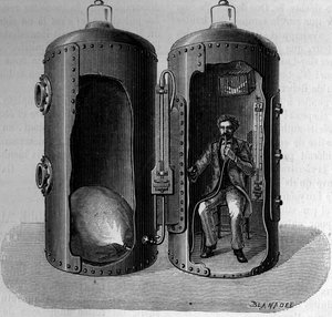 Experience on barometric pressure by the physiologist Paul Bert (1833-1886): breathing of a suroxygenic air, dilates by decreasing pressure. Engraving in “” La Nature: revue des sciences et de leurs applications aux arts et a l