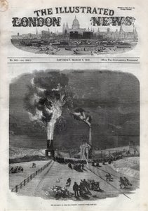 Eksplosjon ved Lund Hill-kullgruven (Lundhill) i Barnsley, England. En avis. Gravering i "" The Illustrated London News"" av 7. mars av Unknown artist