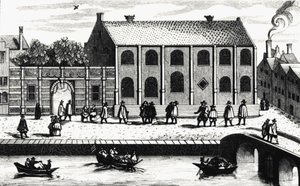 Utvendig visning av bygningen til University of Leiden grunnlagt i 1575 av Guillaume de Nassau. Gravering etter "" Illustrium Hollandiae, etc, Ordinum, Alma academia Leydensis"" av Unknown artist