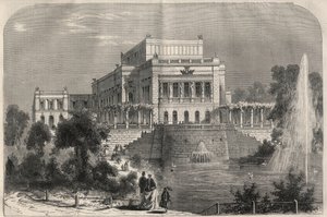 Utvendig utsikt over det nye teatret i Leipzig, Tyskland. Gravering i "" L'Univers illustrious"" av Unknown artist