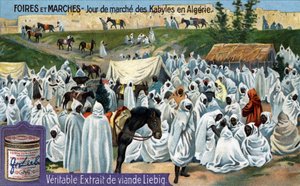 Messer og markeder: Kabyl markedsdag i Algerie. Kromolitografi, Liebig-bilde. av Unknown artist