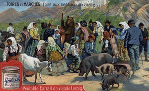 Fairs and markets: cattle fair in Sicily. Chromolithography, Liebig image. av Unknown artist