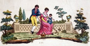 Familie i en park. Gravering tidlig på 1800-tallet. av Unknown artist