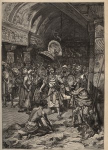 Kjente diamanter: Lahores maharajah, Ranjit Singh (1780-1839), overtar Koh-i Nor-diamanten (Koh i Nor, Kuh-e Nur, Kuh e Nur, Koh-i-noor, Koh i Noor). Gravering fra 1885 i "" Les arts et metiers illustres"" av Adolphe BITARD. av Unknown artist