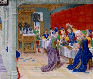 Festmåltid scene, en påfugl serveres på bordet. Miniatyr hentet fra "La Vraye Histoire du Bon Roy Alixandre"" av Callisthenes, eller Kallisthenes (ca. 360-328 f.Kr.) av Unknown artist