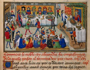 Festmåltidsscene, servert for kong Alexander og hans hoffmenn i de siste dagene av hans liv. Miniatyr hentet fra "La Vraye Histoire du Bon Roy Alixandre"" av Callisthenes, eller Kallisthenes (ca. 360-328 f.Kr.) av Unknown artist
