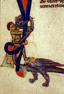 Kamp mellom en drage og en mann Detalj av en miniatyr fra 1300-tallet av Unknown artist