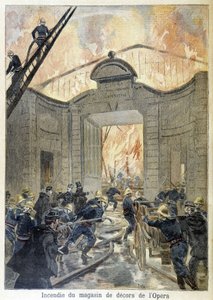 Brannvesenets inngrep under brannen i operaens dekorbutikk. illustrasjon av "Petity Journal" i 1894. av Unknown artist