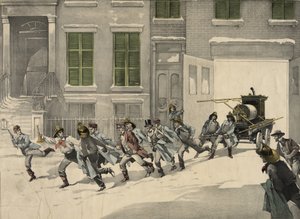 Brannmenn avgir nødanrop på brannstedet, akvarell av 1895. USA av Unknown artist