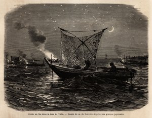 Brannfiske i Yedo Bay (eller Edo, dagens Tokyo), i løpet av natten bærer hver båt en slags grill ved frontlysene, lyset tiltrekker fisk som fanges med et stort garn. Gravering for å illustrere Japan, reisehistorie av Aime Humbert, minister for av Unknown artist