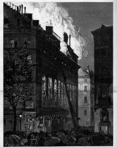 Fire of the Opera Comique (Opera-Comique) i Paris sett fra Rue Marivaux og Boulevard des Italians 26. mai 1887. Gravering i "" Le monde illustrious"" av Unknown artist
