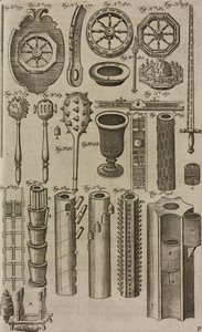 Brannhjul og fyrverkeriutskytningsrør, gravering fra Grand Art d#39;Artillerie, av Casimir Siemienowicz av Unknown artist