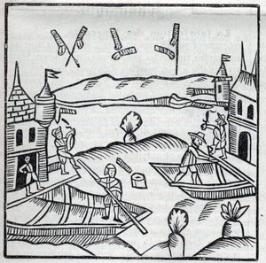 Fireworks and fireworks: Fireworks on water. Reproduction of the engravings of the work of the French Jesuite Jean Leurechon “La recreation mathematiques, ou Interview facetieux sur plusieurs plaisants problemes, en fait d