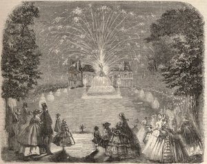 Fyrverkeri og belysning av slottet til Maison Laffitte (House-Laffitte) på kvelden for landbrukskomiteens konkurranse. Gravering i “Le Monde illustrious”” fra 1857. Privat samling. av Unknown artist