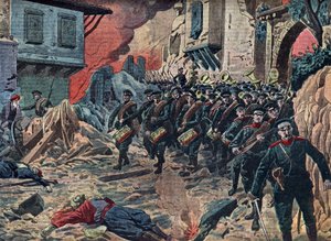 Første Balkankrig «Den bulgarske hæren triumferer etter slaget ved Kirk Kilisse (Lozengrad) den 24. oktober 1912, Tyrkia» (Slaget ved Kirk Kilisse (eller slaget ved Kirkkilise) var en del av den første Balkankrigen mellom hærene til Bulgaria og Det osmansk av Unknown Artist