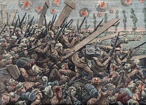 Første verdenskrig: Den tyske hæren i slaget ved Yser i oktober 1914. Illustrasjon fra «Le pelerin» 29. november. av Unknown Artist
