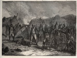 First coalition: Colonel Antoine Guillaume (Antoine-Guillaume) Rampon (1759-1842) at the Battle of Montenotte on 12 April 1796, during the Italian campaign opposing the French troops of Napoleon Bonaparte against the Austrian and Sardinian armees - French  av Unknown artist