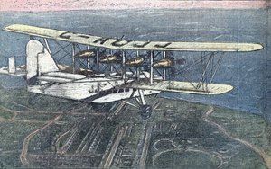 Første flytur med Short Scylla-flyet mellom London og Paris, juni 1934. Fra «Le pelerin», juni 1934. Privat samling. av Unknown Artist